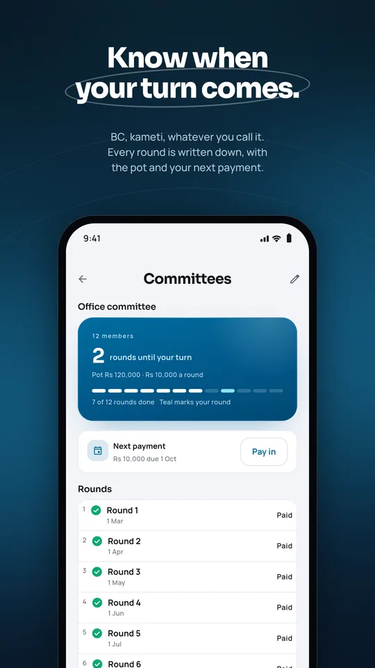 Know when your turn comes: committee rounds, payments and the pot.